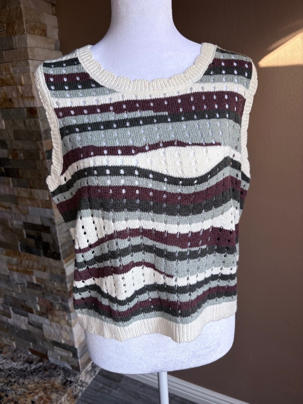 BARE Striped Open Knit Sweater Vest Crop Top M L